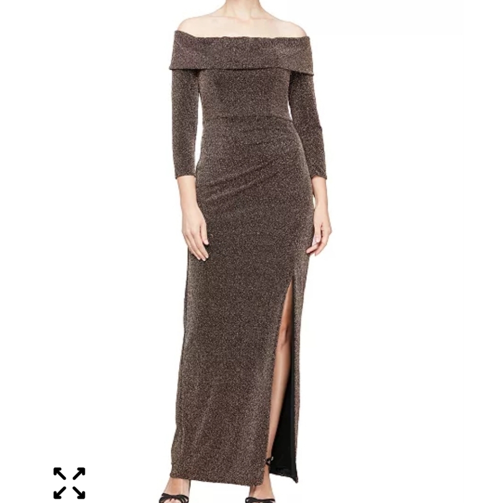 $199 Alex Evenings Women Metallic-Knit Off-The-Shoulder Dress Sz 16 Wedding Flaw
